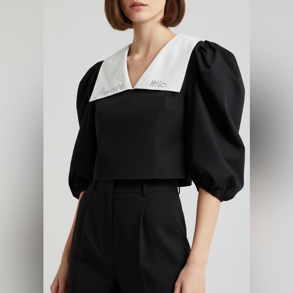 ANOUKI Sz L Embellished Contrast Collar Puff Sleeve Victorian Blouse NWOT
